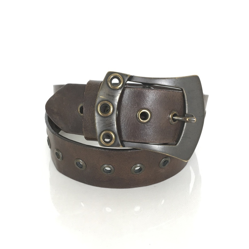 Vintage 90s Express Brown Leather Belt Brass Buckle Grommet Holes Women’s Size L